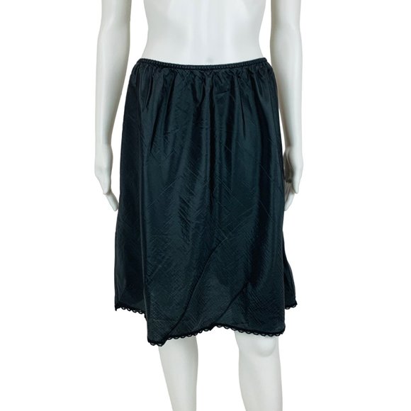 Vintage 80s Slip Skirt Shiny Black Polyester Above The Knee Warner's - Picture 1 of 8